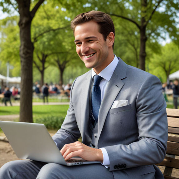 A politician in a suit smiling while using a laptop, seated outdoors in a park, checking market trends.