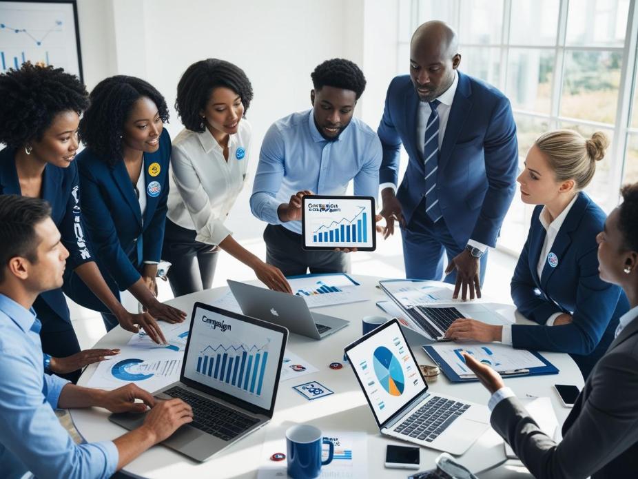 Campaign team discusses finances around table as advisor simplifies budget with tablet.