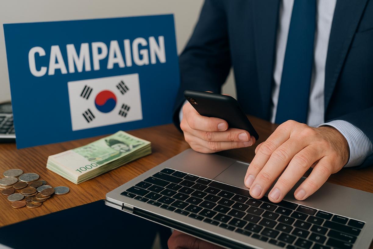 A South Korean campaign fundraising scene with money, a smartphone, and a campaign sign.