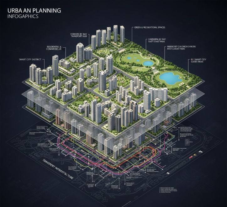 Illustration of Singapore urban planning layers showing transport, housing, and green spaces