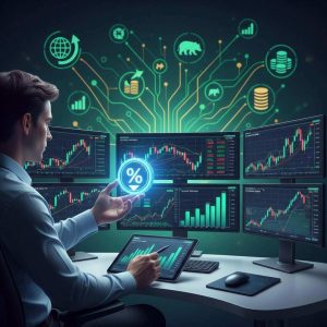 A professional digital illustration of a financial trader analyzing charts on multiple monitors while holding a discount coupon symbol, representing cost savings in trading evaluations, with financial graphs and economic symbols in the background.
