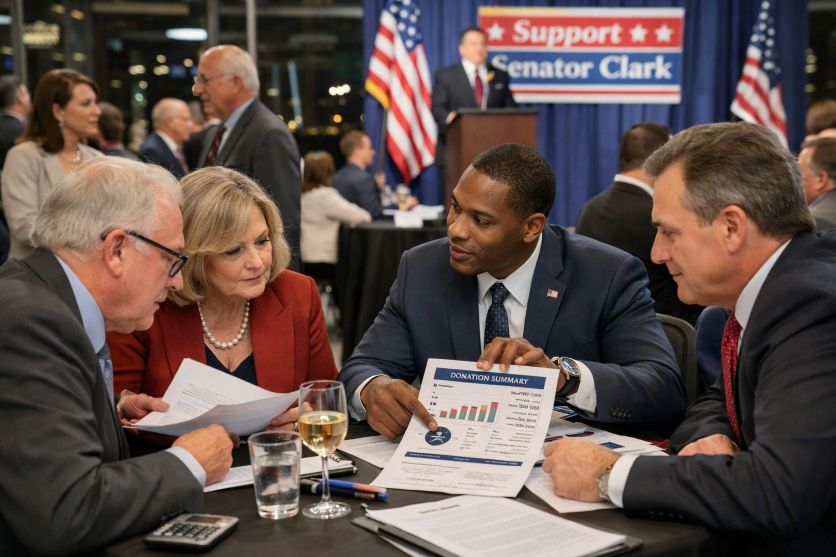 Political fundraiser with donors and financial advisors reviewing documents